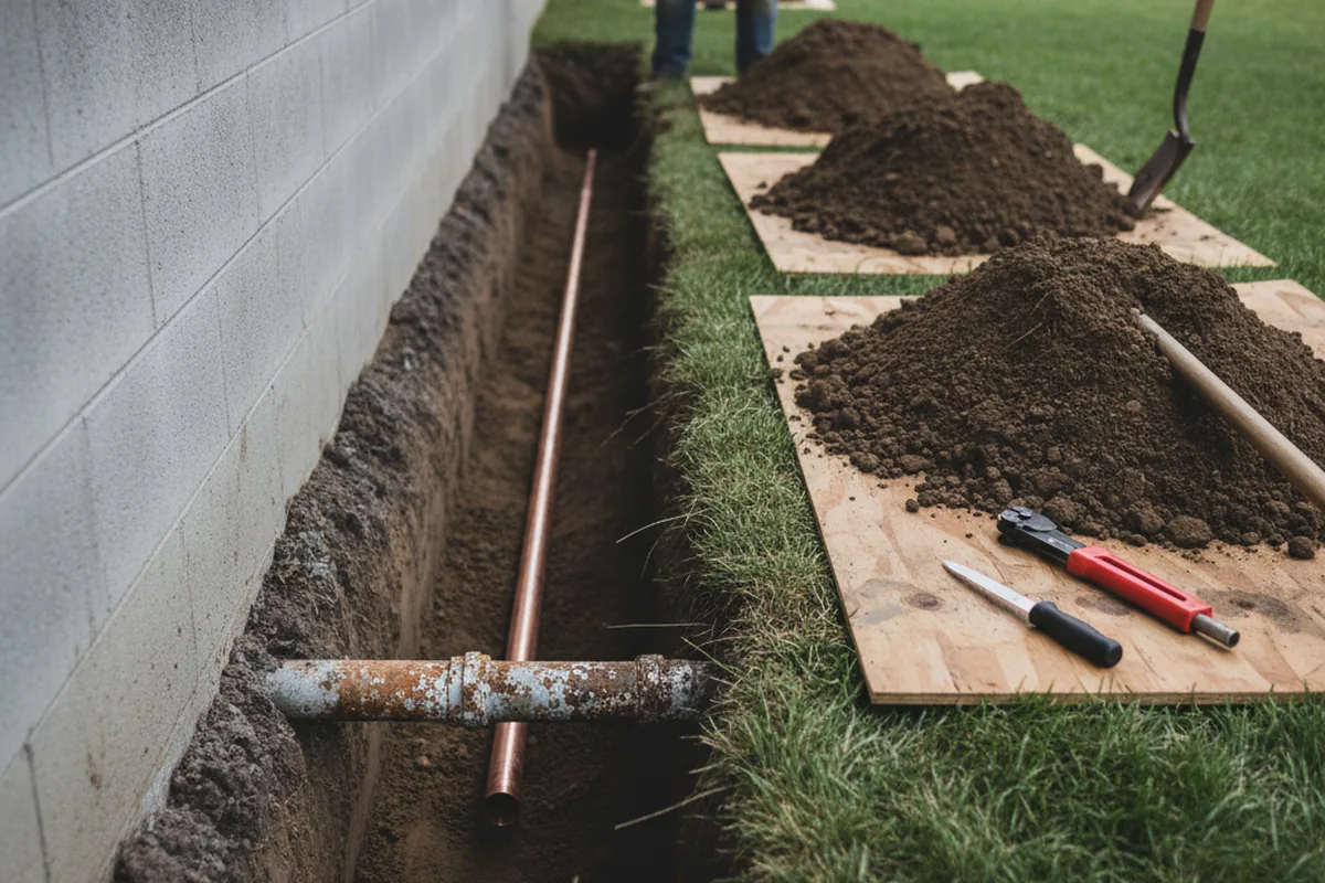 Excavated water line trench during Sewer Line Repair in Woodbridge